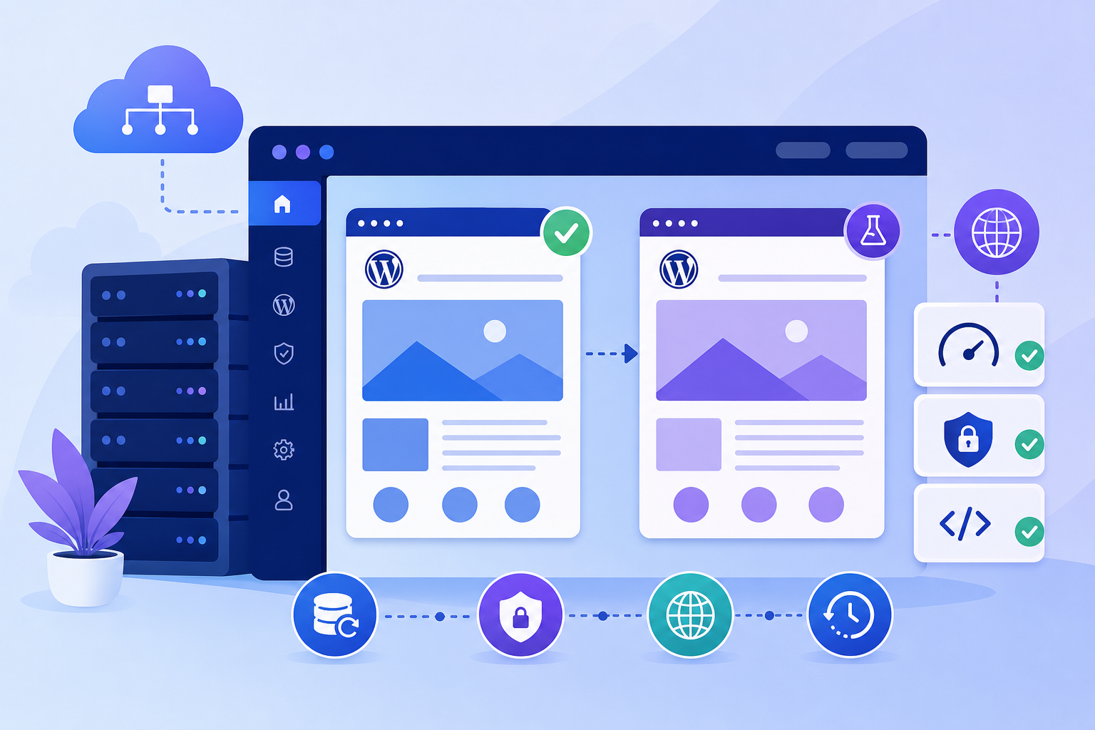 Ilustração de um painel de hospedagem em tons azul e roxo mostrando dois ambientes WordPress lado a lado, um site principal e uma área de testes com ícones de backup, SSL e validação