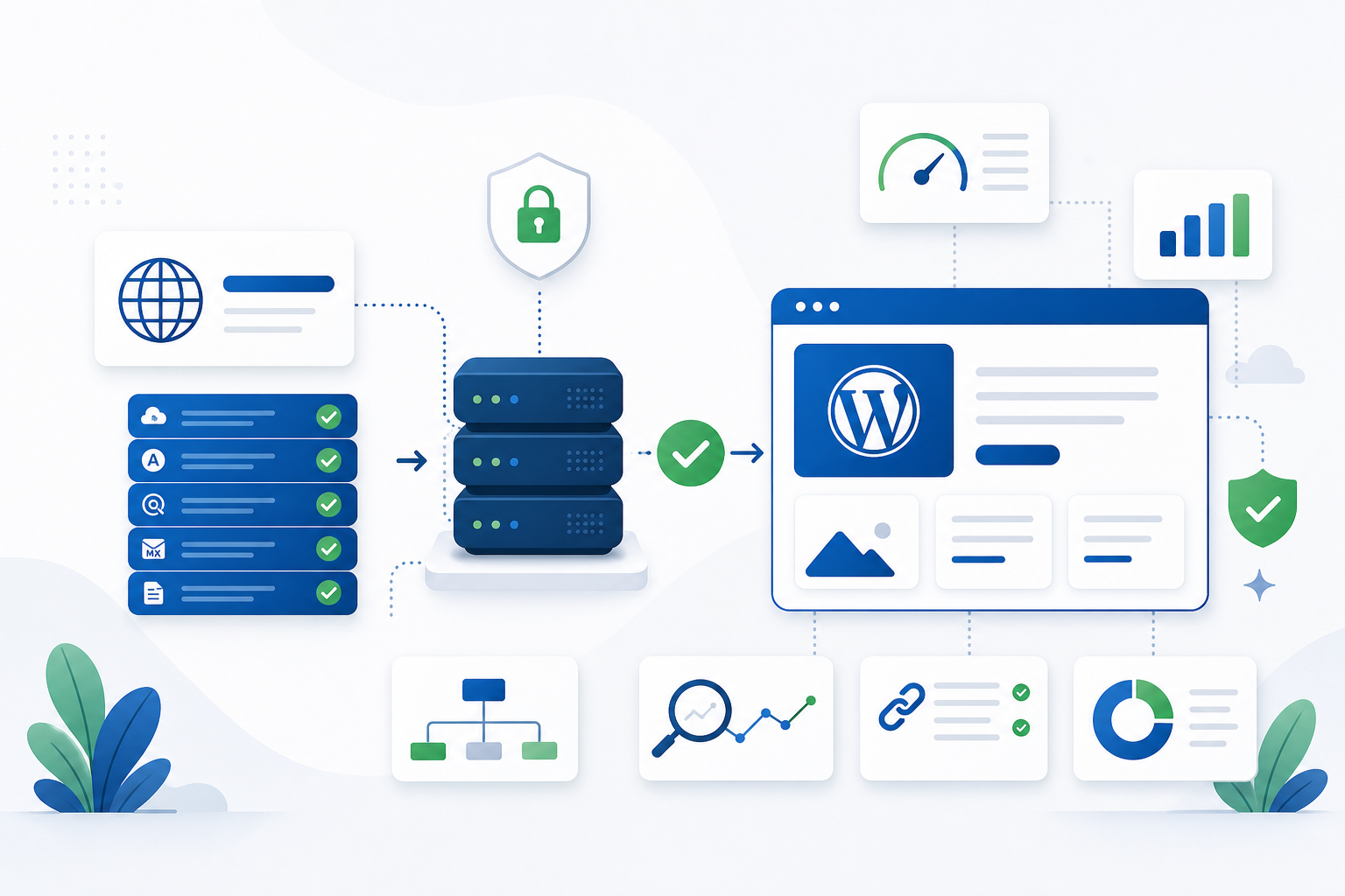 Ilustração de um domínio sendo conectado a um site WordPress por meio de registros DNS, com cartões azuis, ícones de servidor, cadeado SSL e setas de validação em fundo claro