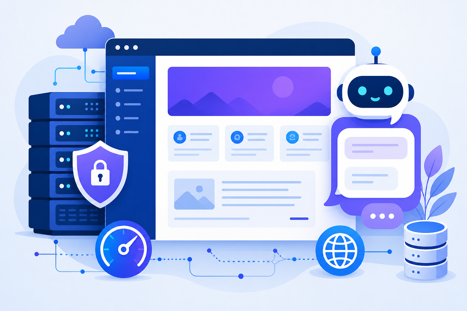 Tela conceitual de um site WordPress com balão de atendimento inteligente, painel de perguntas frequentes, ícones de segurança e servidor em tons de azul e roxo