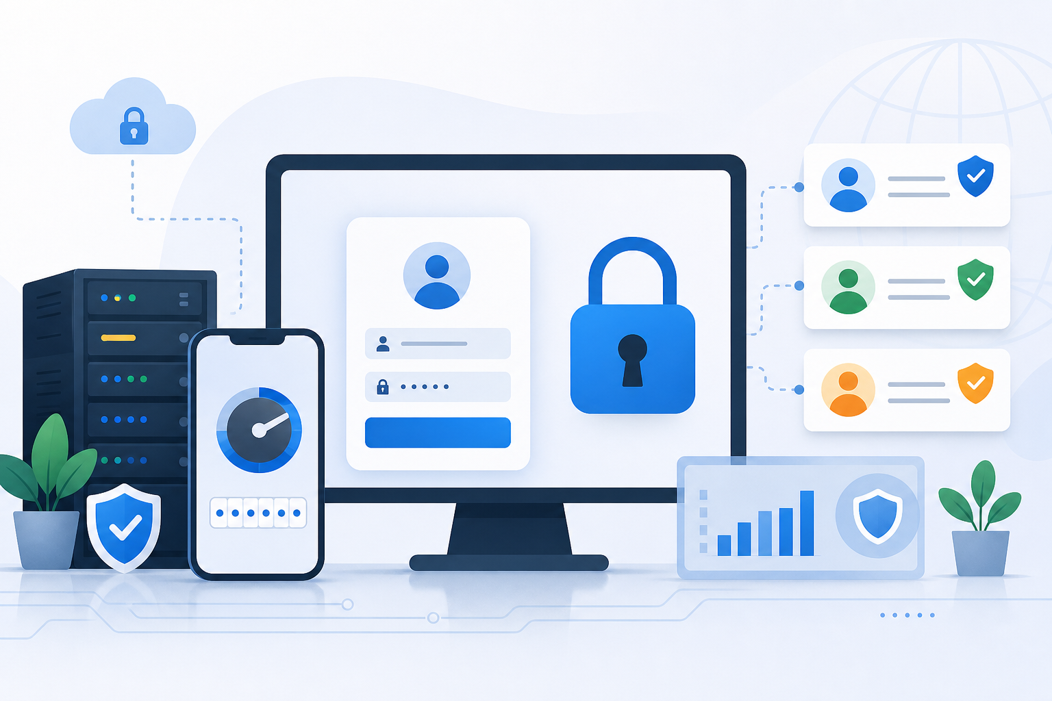 Tela conceitual de login do WordPress com cadeado azul, celular exibindo código autenticador, usuários em camadas de acesso e fundo claro com elementos de segurança digital
