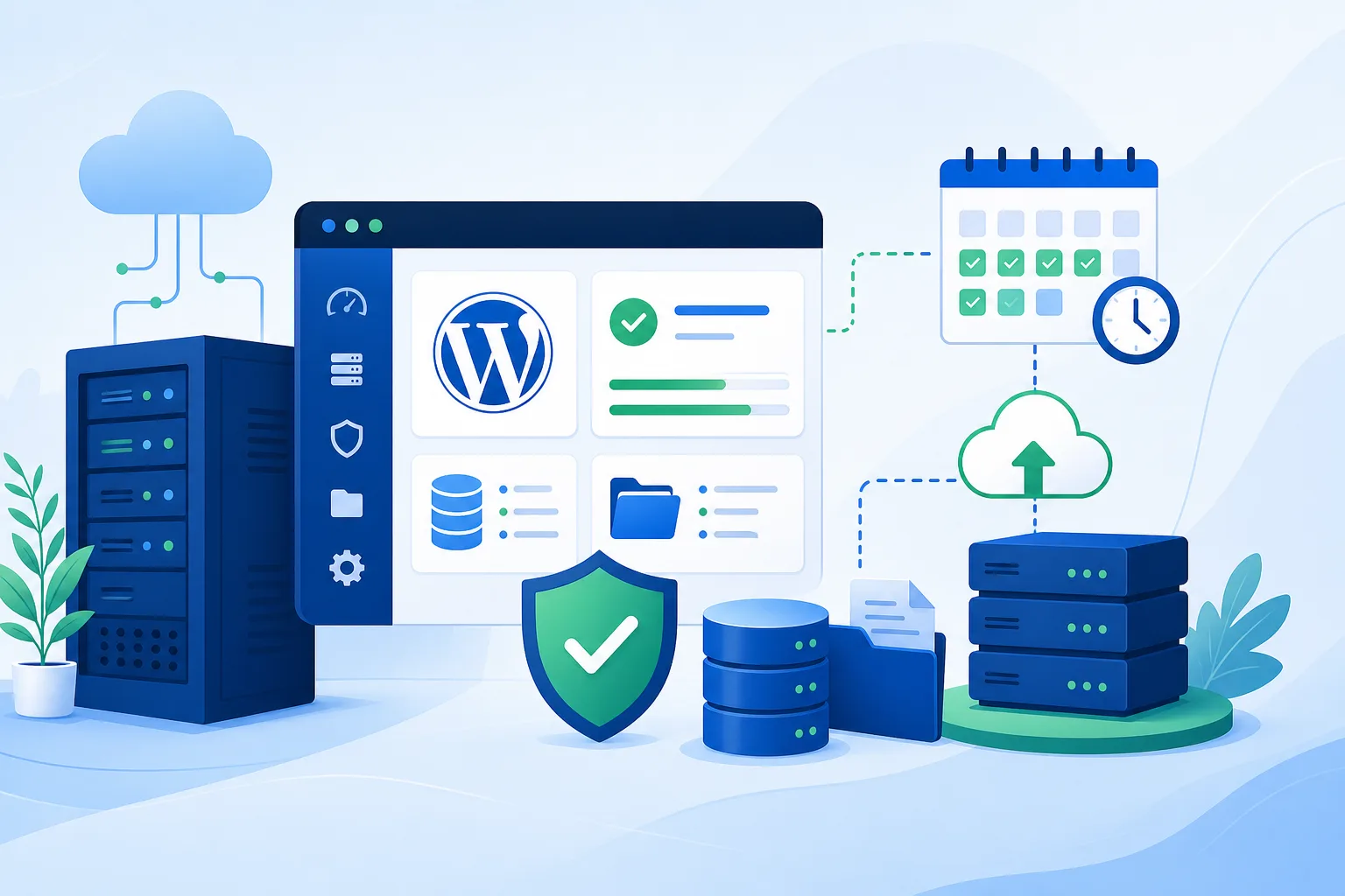 Painel conceitual de backup WordPress em uma VPS LetsCloud, com banco de dados, arquivos do site, calendário de retenção e cópia externa em tons de azul e verde