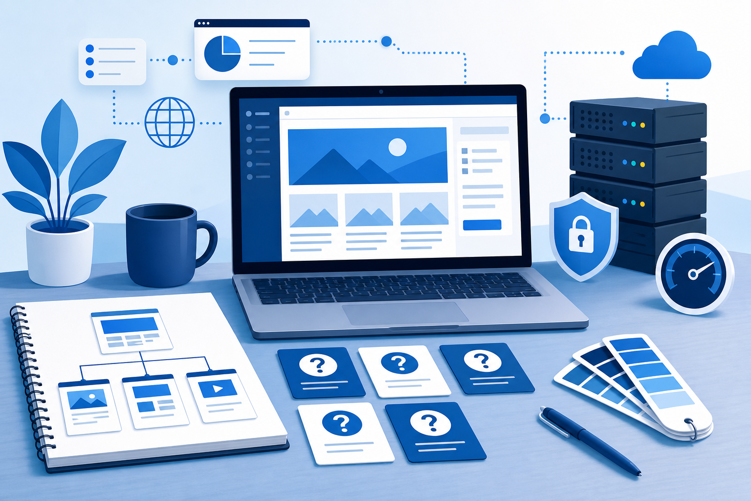 Mesa de planejamento com notebook exibindo um rascunho de site WordPress, cartões de perguntas, fluxo de páginas e paleta em tons azul e branco