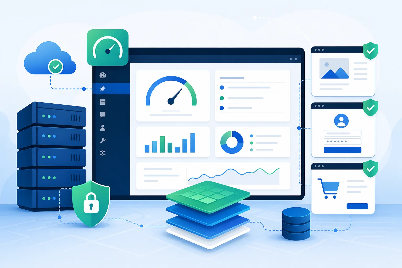 Ilustração de painel WordPress com camadas de cache, velocímetro de performance, páginas dinâmicas protegidas e cores azul, verde e branco em estilo editorial técnico