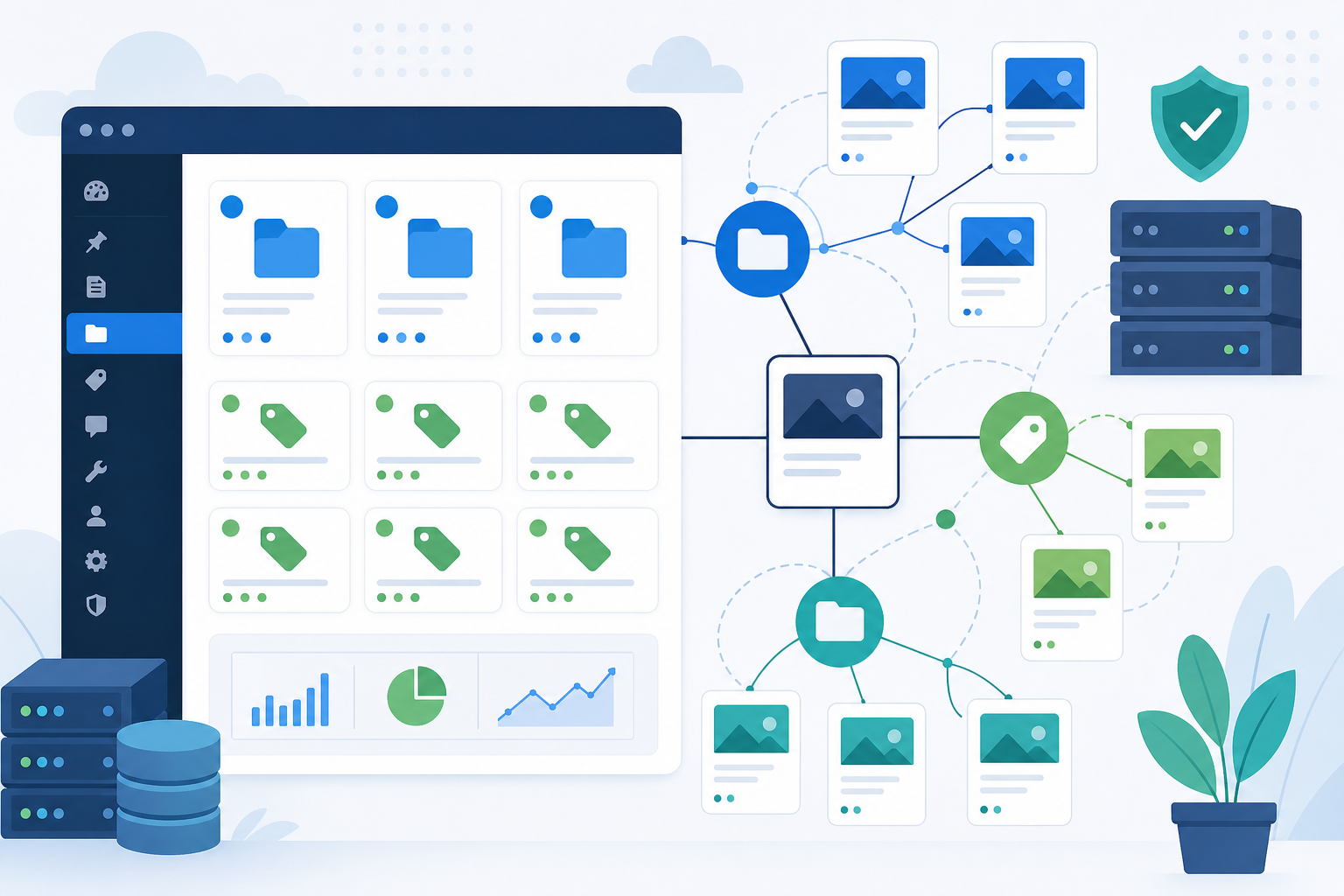 Tela conceitual de um painel WordPress organizado, com cartões de categorias em azul, etiquetas de tags em verde e um mapa visual de posts conectados por temas de conteúdo