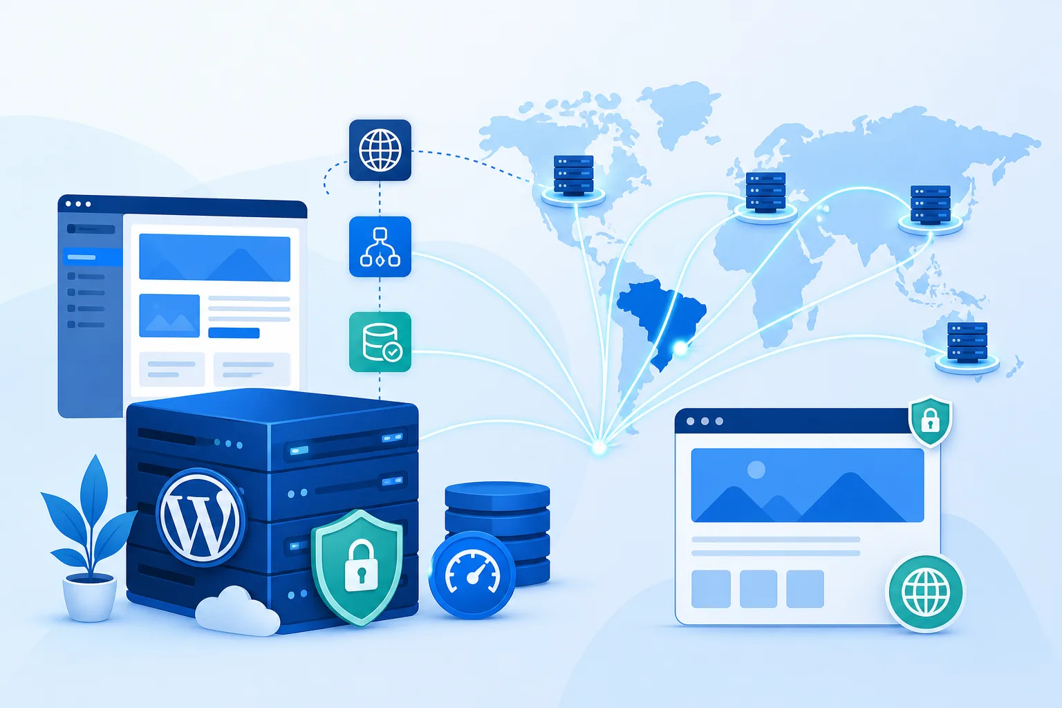 Ilustração em tons de azul mostrando um servidor WordPress conectado a pontos de distribuição de conteúdo no Brasil e em outros países, com ícones de DNS, cache, cadeado SSL e navegador
