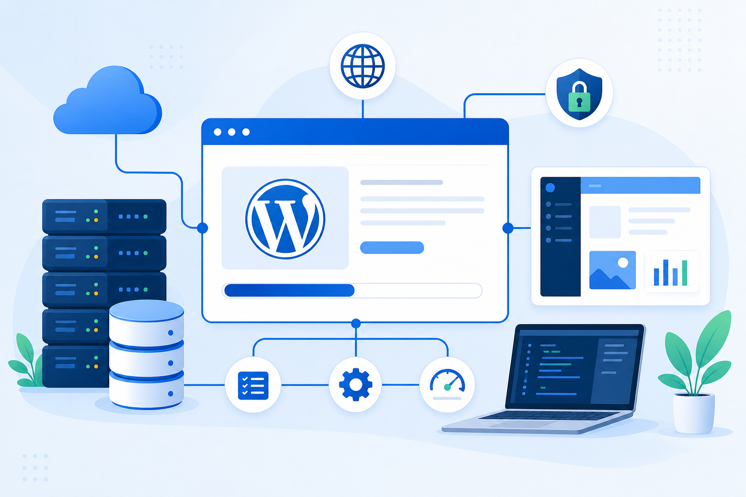 Tela conceitual de instalação do WordPress em tons de azul e branco, com ícones de domínio, banco de dados, cadeado SSL, servidor em nuvem e painel administrativo conectados por linhas suaves