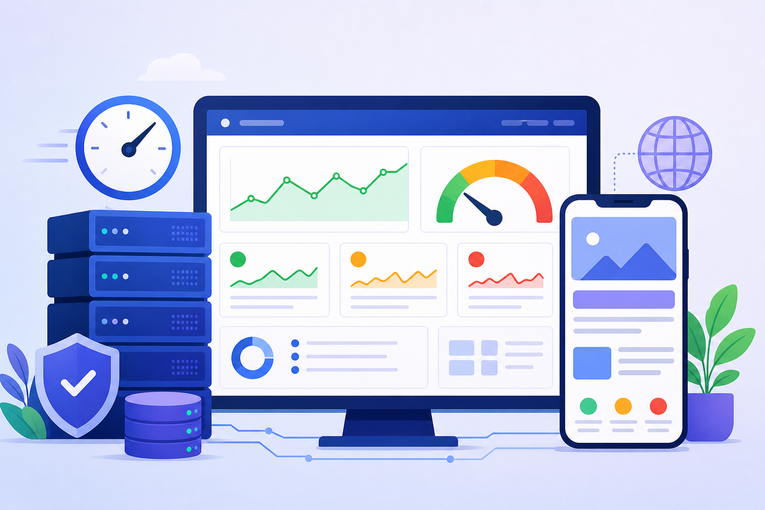 Painel conceitual de performance WordPress com gráficos verdes, amarelos e vermelhos, relógio de carregamento, celular exibindo uma página e elementos visuais de servidor em tons azul e roxo