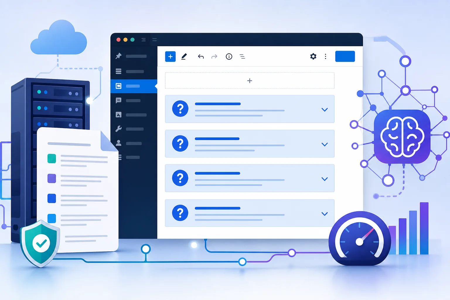 Tela do editor WordPress com uma seção de perguntas frequentes em blocos, cartões azuis com perguntas de clientes, documento de referência ao lado e símbolo abstrato de inteligência artificial em tons de azul e roxo