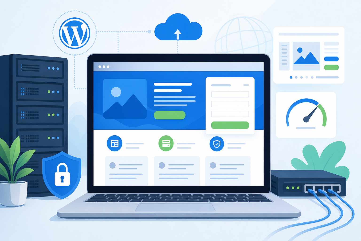 Tela de notebook exibindo uma landing page WordPress com formulário de contato, botão de ação em destaque, blocos de texto organizados e cores azul, branco e verde