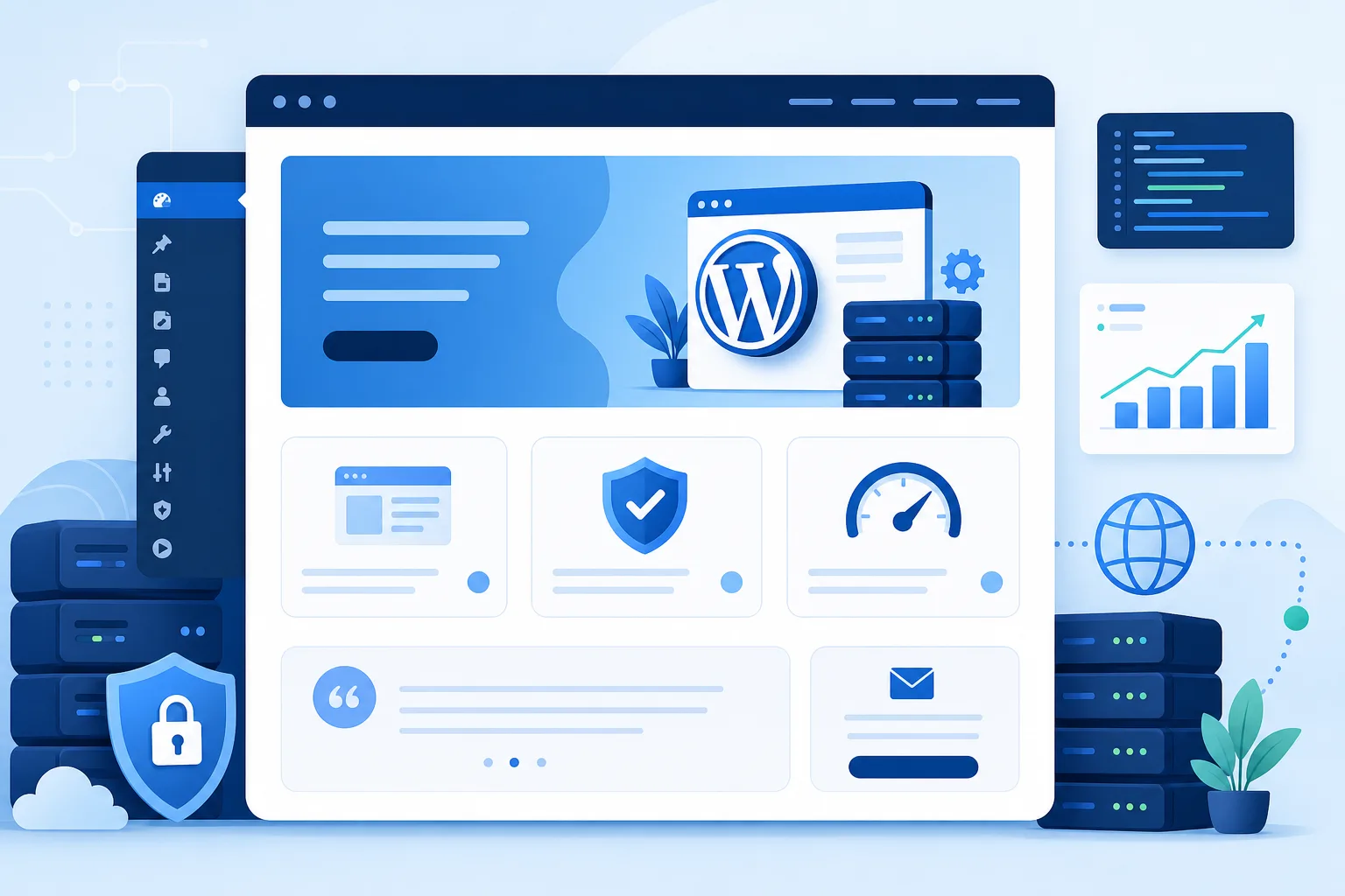 Tela de um site WordPress em tons de azul e branco mostrando uma página de serviços com título, cartões organizados, depoimento e botão de contato