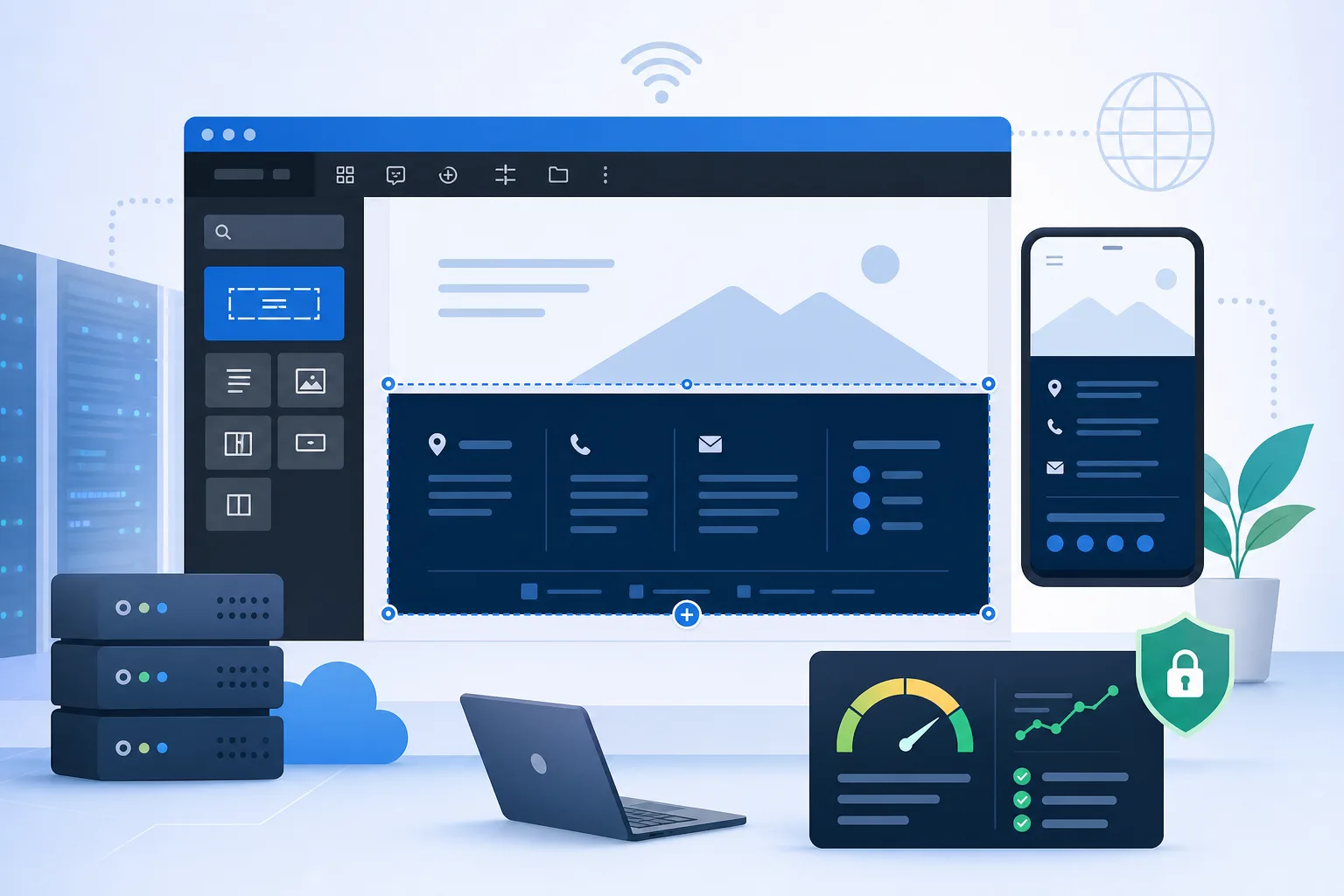 Interface do WordPress exibindo a edição de um rodapé em fundo azul escuro, com colunas de navegação, contato e redes sociais organizadas para computador e celular