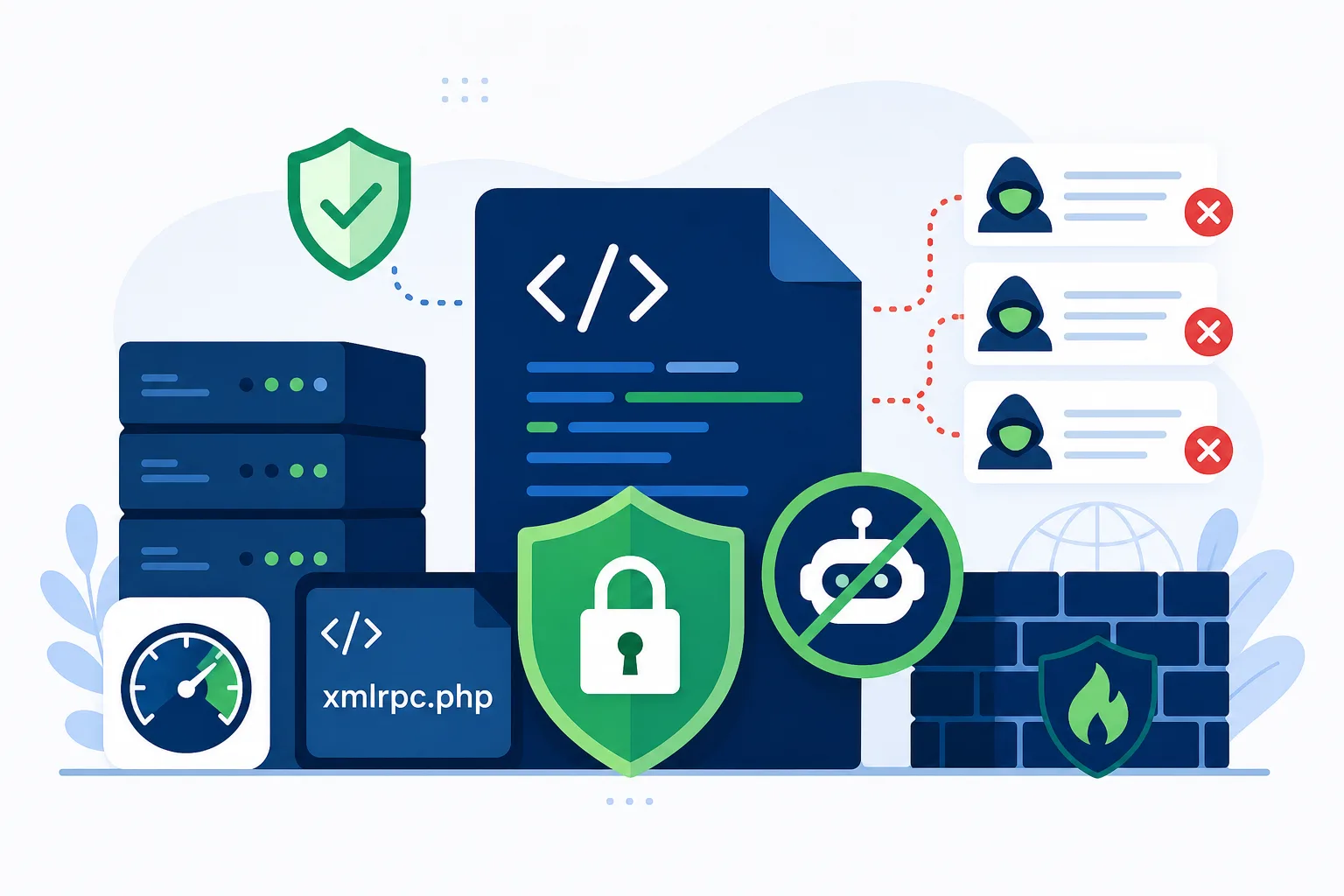 Tela conceitual de segurança WordPress em tons azul escuro e verde, com um arquivo xmlrpc.php ao centro, cadeado, escudo, servidor e alertas de tentativas automatizadas bloqueadas