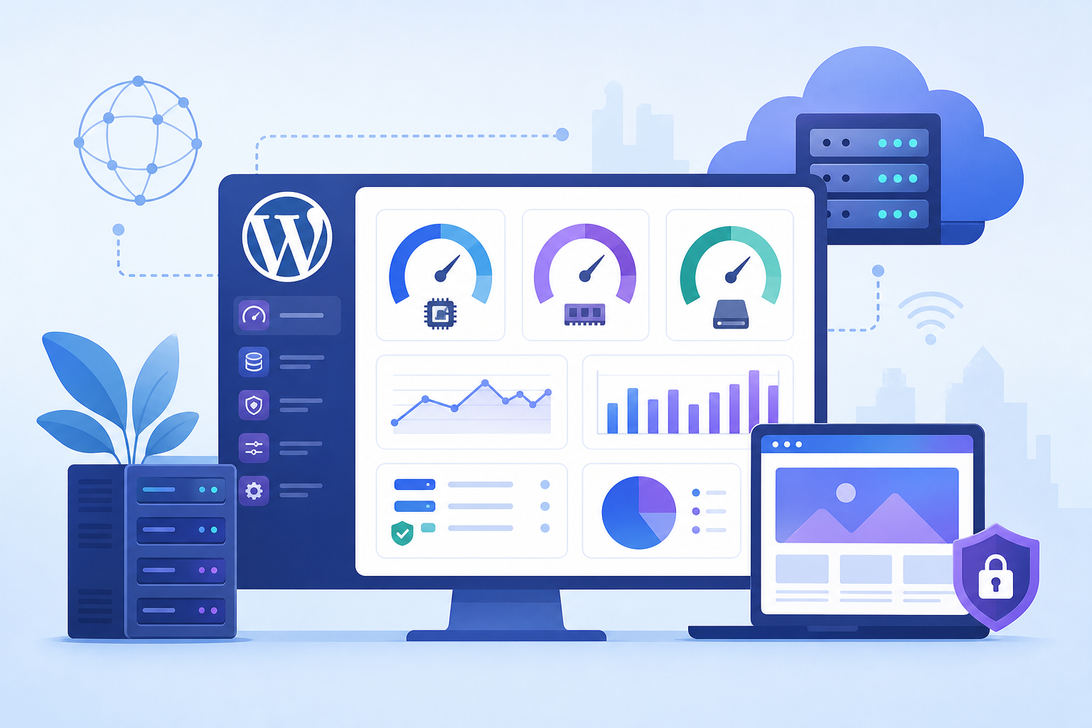 Painel conceitual de hospedagem WordPress em tons de azul e roxo, com gráficos de CPU, memória, armazenamento, ícone do WordPress e servidor em nuvem LetsCloud ao fundo