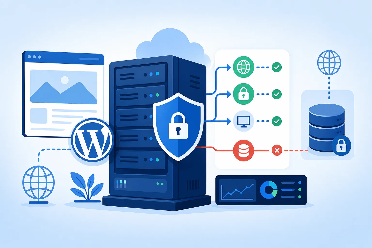 Ilustração em tons de azul de uma VPS com WordPress protegida por um escudo, com portas web liberadas e banco de dados isolado da internet