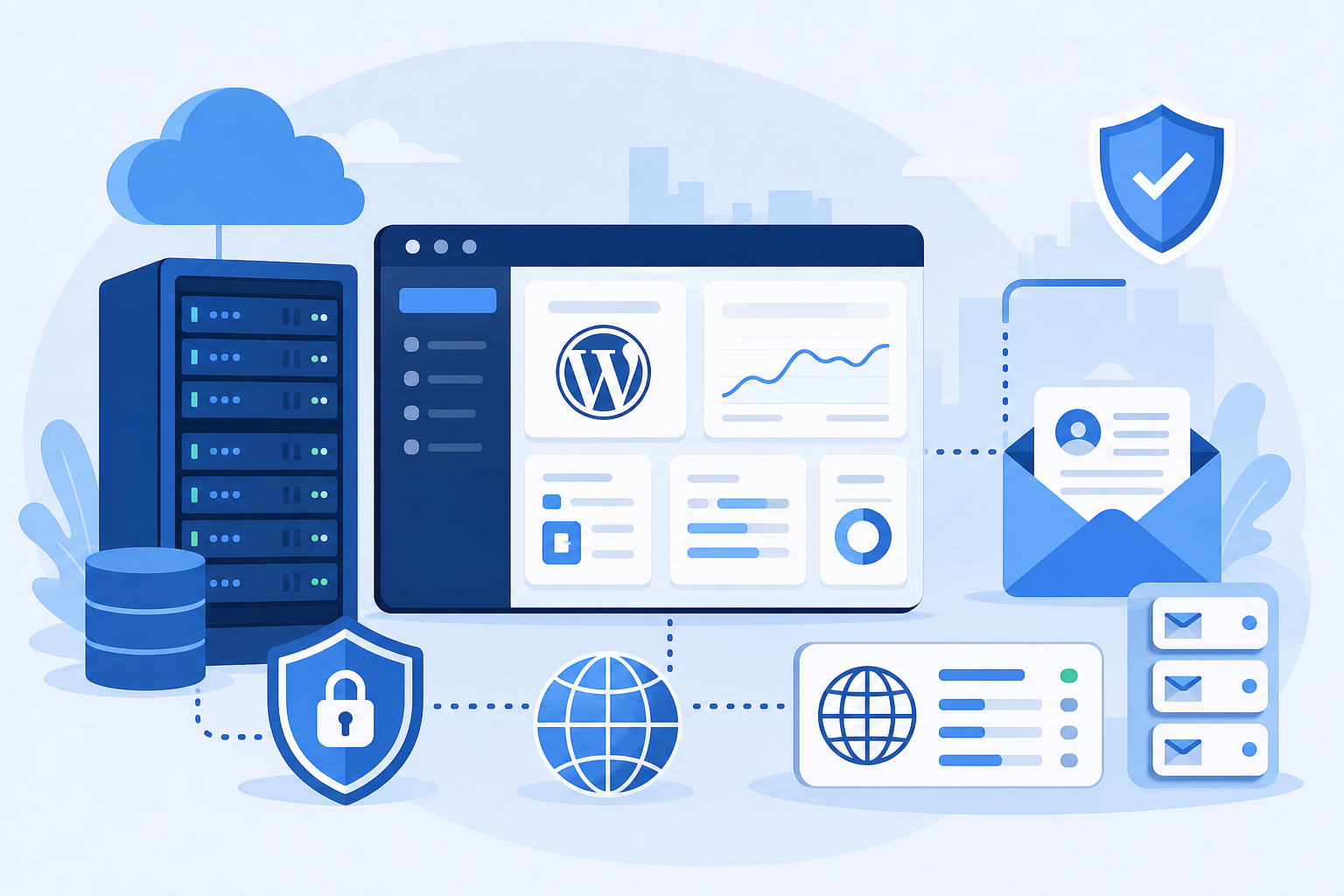 Ilustração de um painel de hospedagem WordPress conectado a registros DNS e caixas de e mail profissional, com tons azul e branco, ícones de servidor, domínio, envelope e cadeado SSL