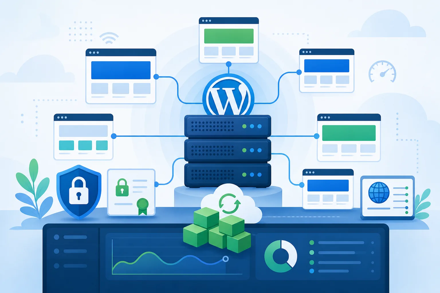 Ilustração de uma rede WordPress Multisite com vários sites conectados a um servidor central, painel de DNS, cadeado SSL e blocos de backup em tons de azul e verde