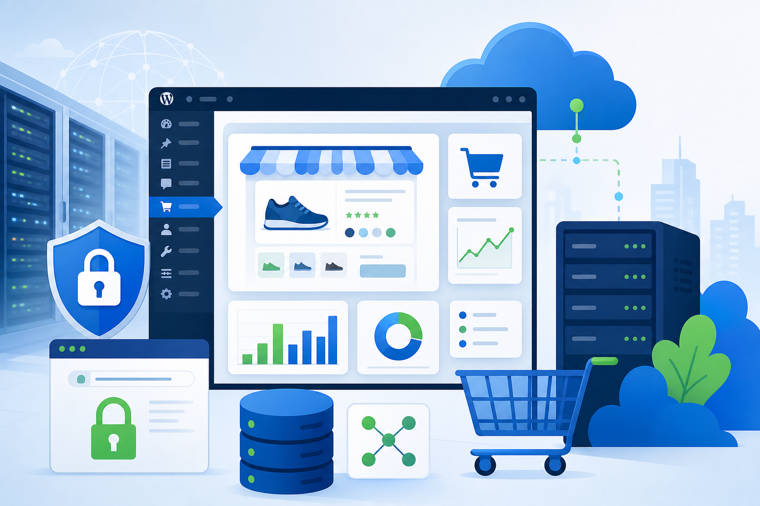 Ilustração de uma loja WooCommerce em painel WordPress, com servidor em nuvem, certificado SSL, carrinho de compras, banco de dados e gráficos de pedidos em tons azul e verde