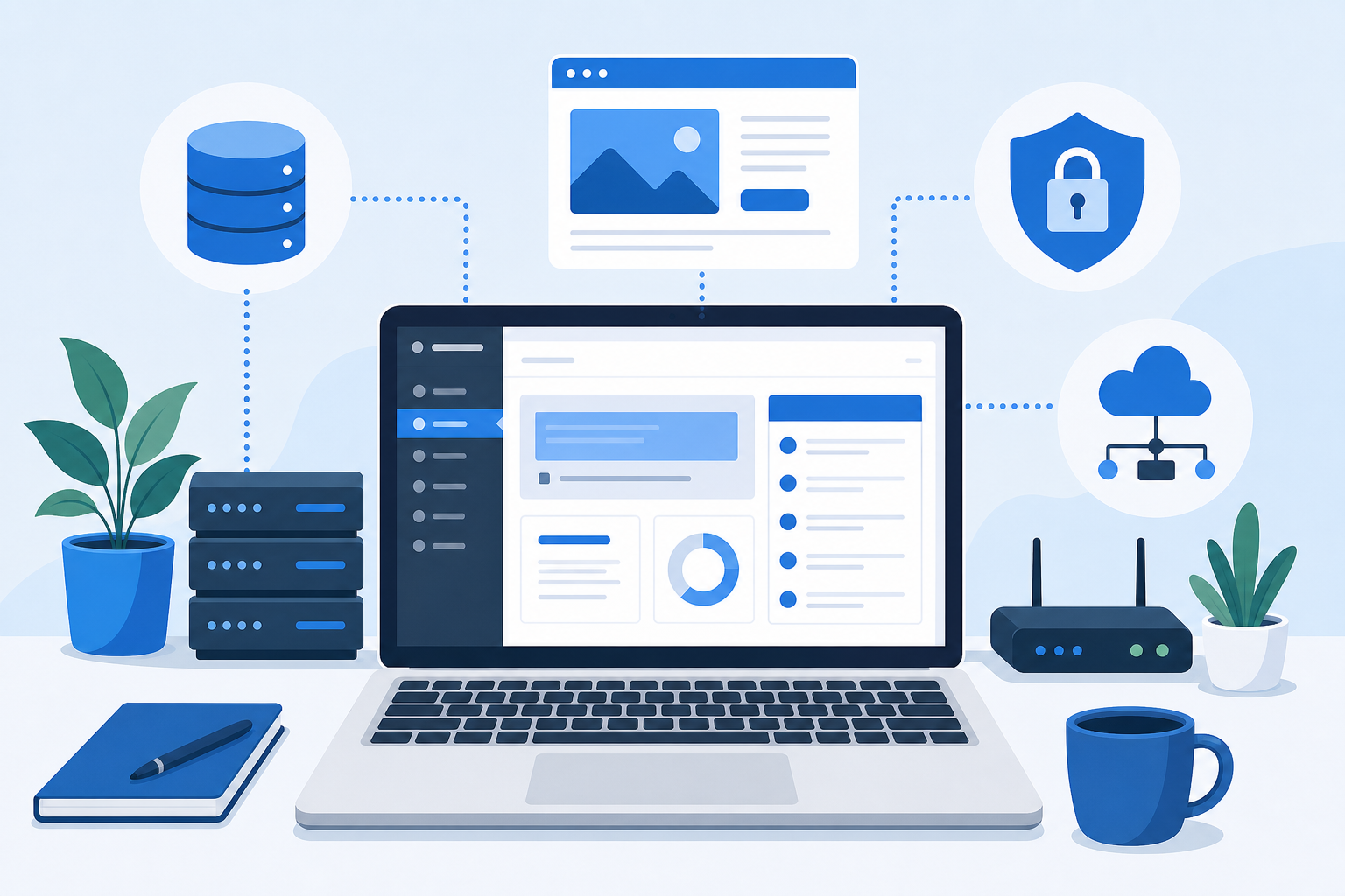 Mesa de trabalho com notebook exibindo painel do WordPress local, ícones de banco de dados e navegador, em tons azul, branco e cinza
