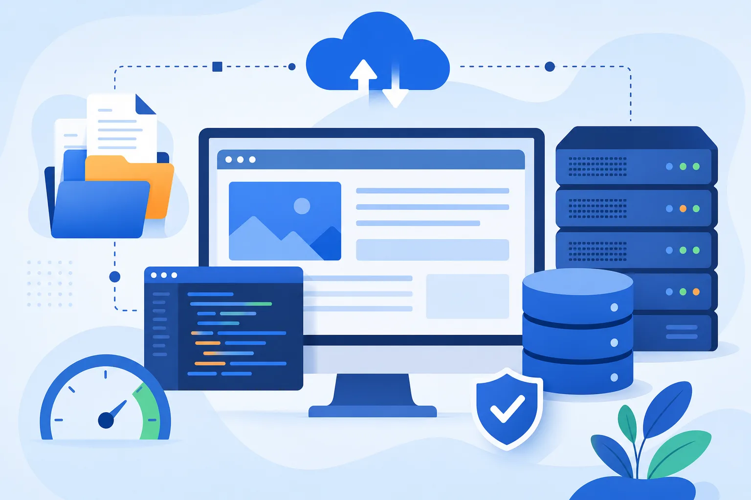 Tela conceitual de instalação manual do WordPress com arquivos, banco de dados, navegador e hospedagem em tons de azul e branco