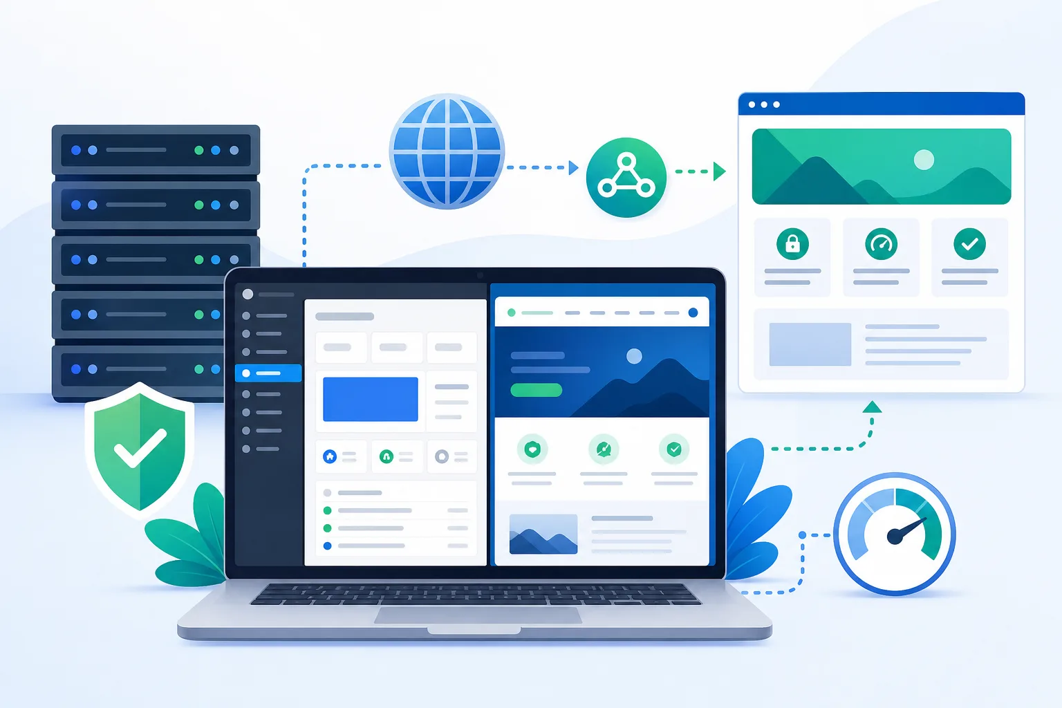 Notebook exibindo um novo painel WordPress ao lado de um site ainda publicado, com servidor, domínio e setas de DNS em tons de azul e verde