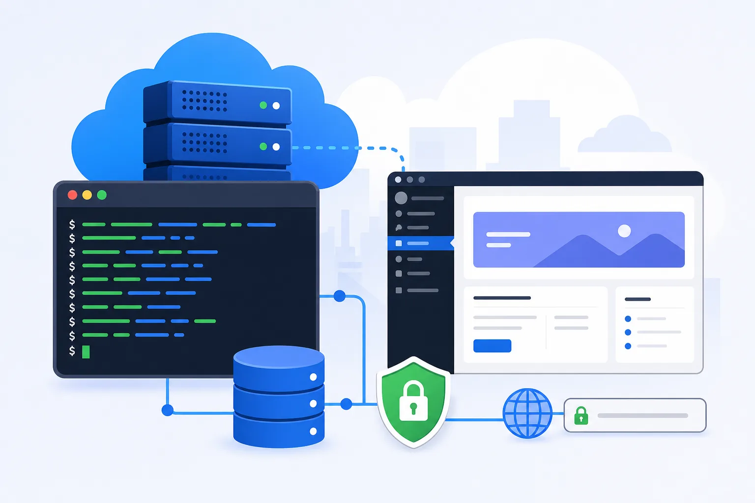 Terminal escuro com comandos do WP CLI ao lado do painel de um site WordPress, servidor em nuvem azul, banco de dados e cadeado de SSL conectado ao domínio