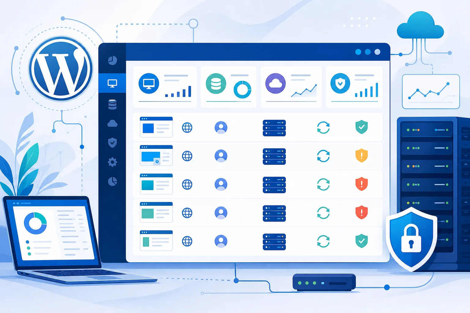 Painel corporativo em tons de azul exibindo uma lista organizada de sites WordPress, domínios, responsáveis, hospedagem, backup e alertas de manutenção