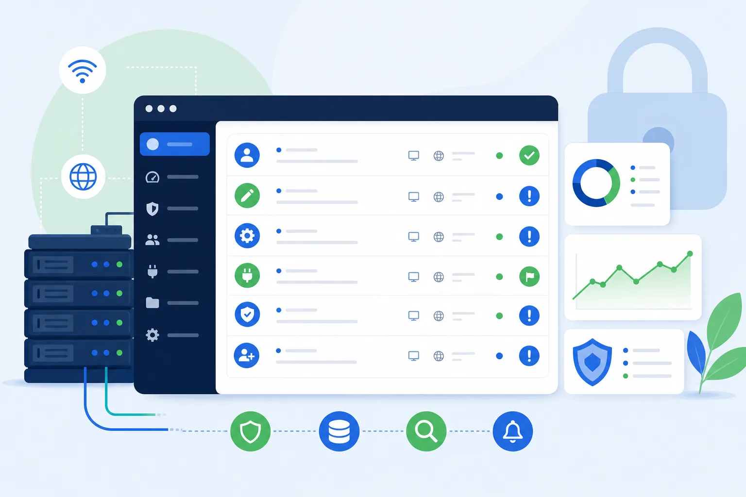 Painel conceitual de segurança WordPress com lista de eventos, usuários, ícones de alerta em azul e verde e um cadeado discreto ao fundo