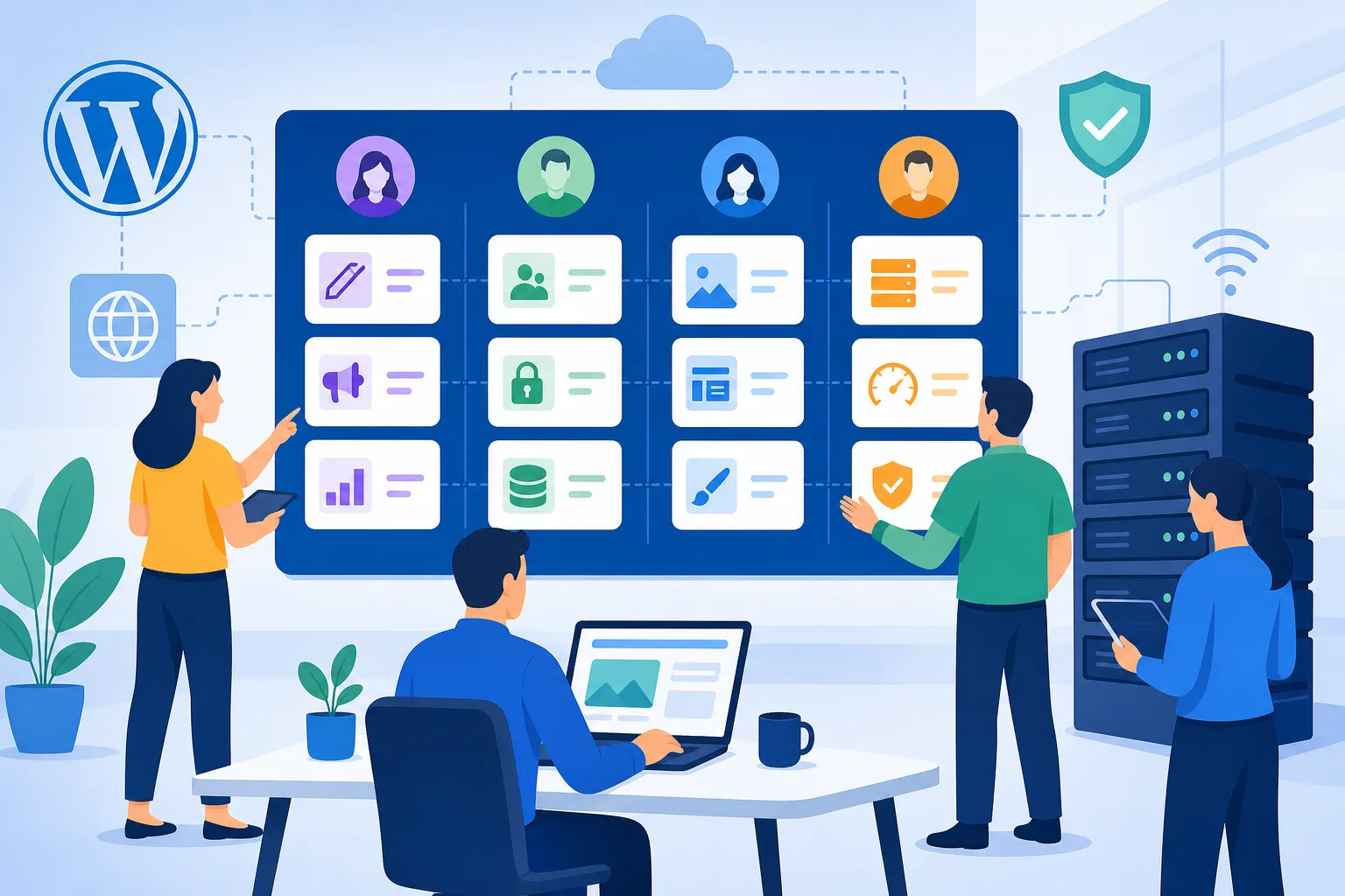 Equipe empresarial diante de um painel azul com tarefas do WordPress distribuídas entre marketing, TI, agência e hospedagem, com ícones de usuários, servidor, conteúdo e aprovação