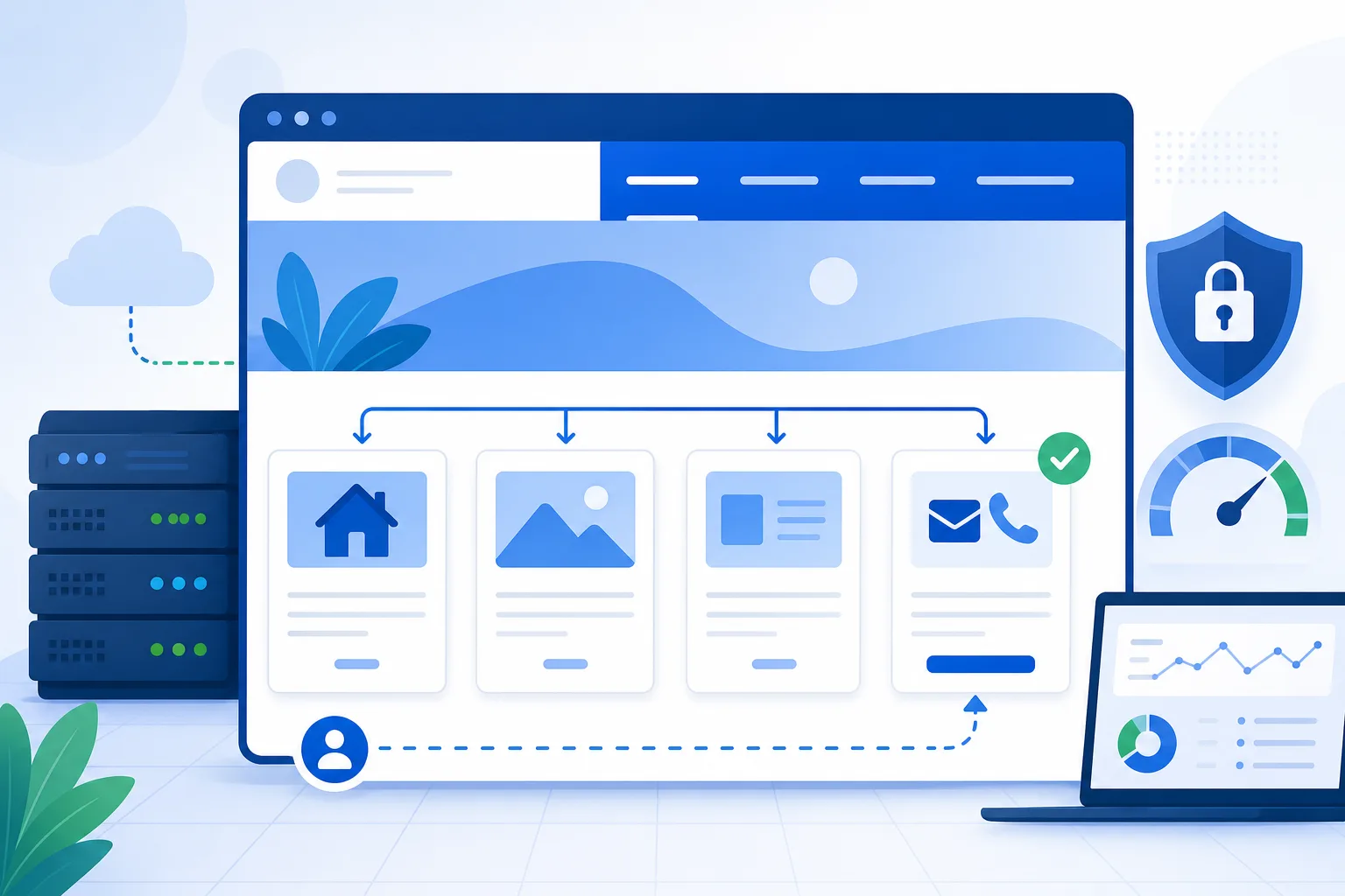 Interface conceitual de um site WordPress em tons de azul e branco, com menu superior destacado, páginas organizadas em cartões e setas mostrando o caminho do visitante até o contato