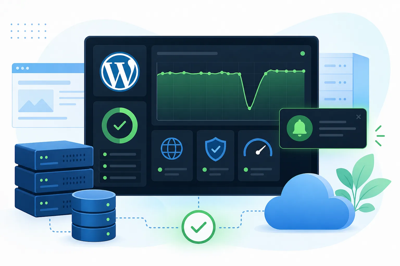 Painel escuro de monitoramento com gráfico de disponibilidade, alerta de uptime do WordPress, ícones de servidor VPS, banco de dados e nuvem LetsCloud em tons de azul e verde
