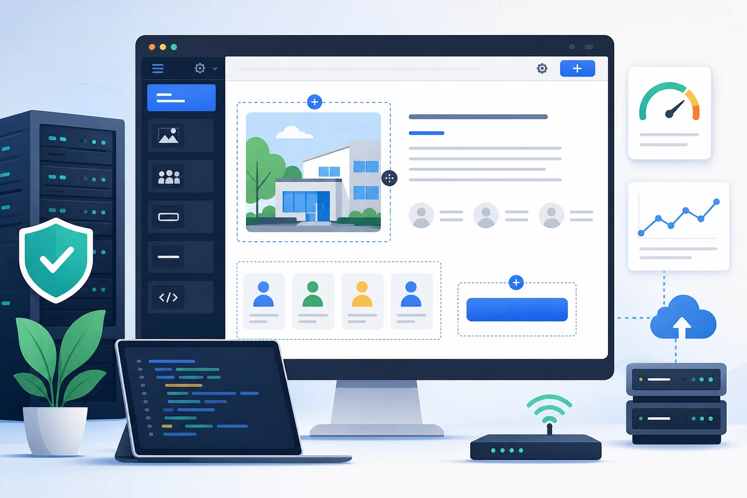 Tela de edição do WordPress com uma página Sobre em construção, blocos de texto, foto da equipe, botão de contato e cores claras em estilo editorial