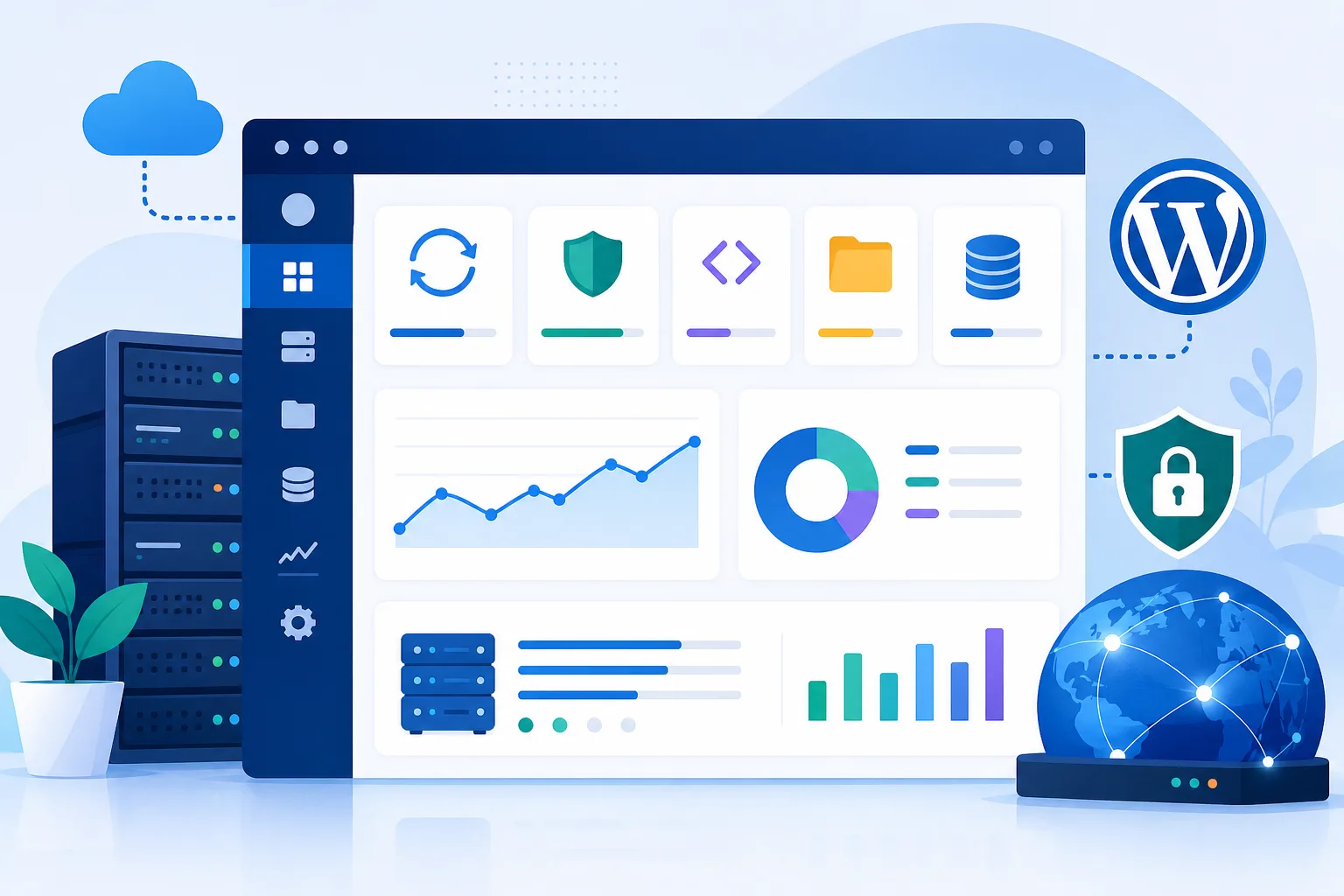 Tela de um painel de hospedagem WordPress em tons de azul, com controles de backup, SSL, PHP, arquivos, banco de dados e métricas do servidor