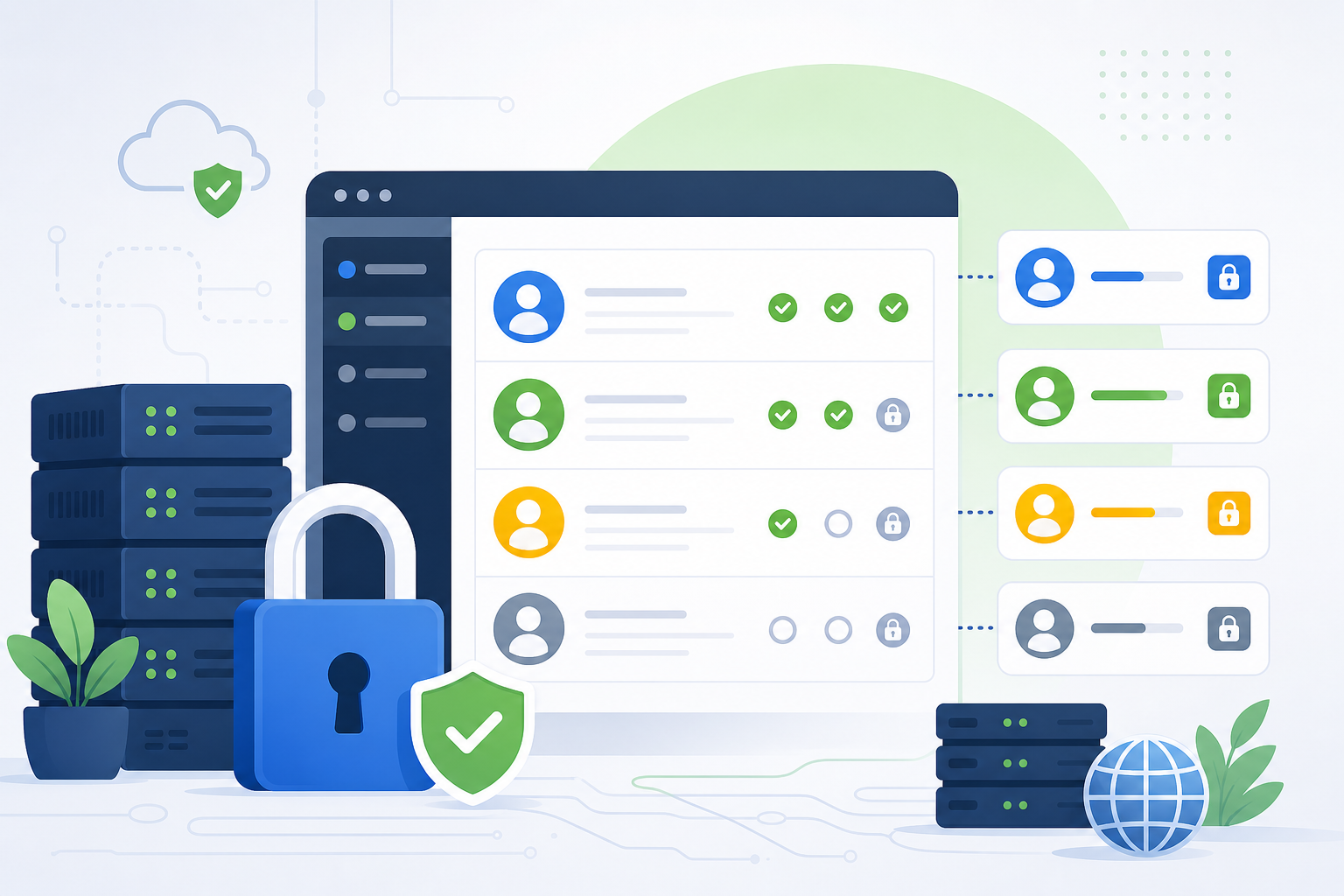 Painel conceitual de segurança WordPress com usuários em diferentes níveis de acesso, cadeado azul, lista de permissões e fundo claro com detalhes em verde
