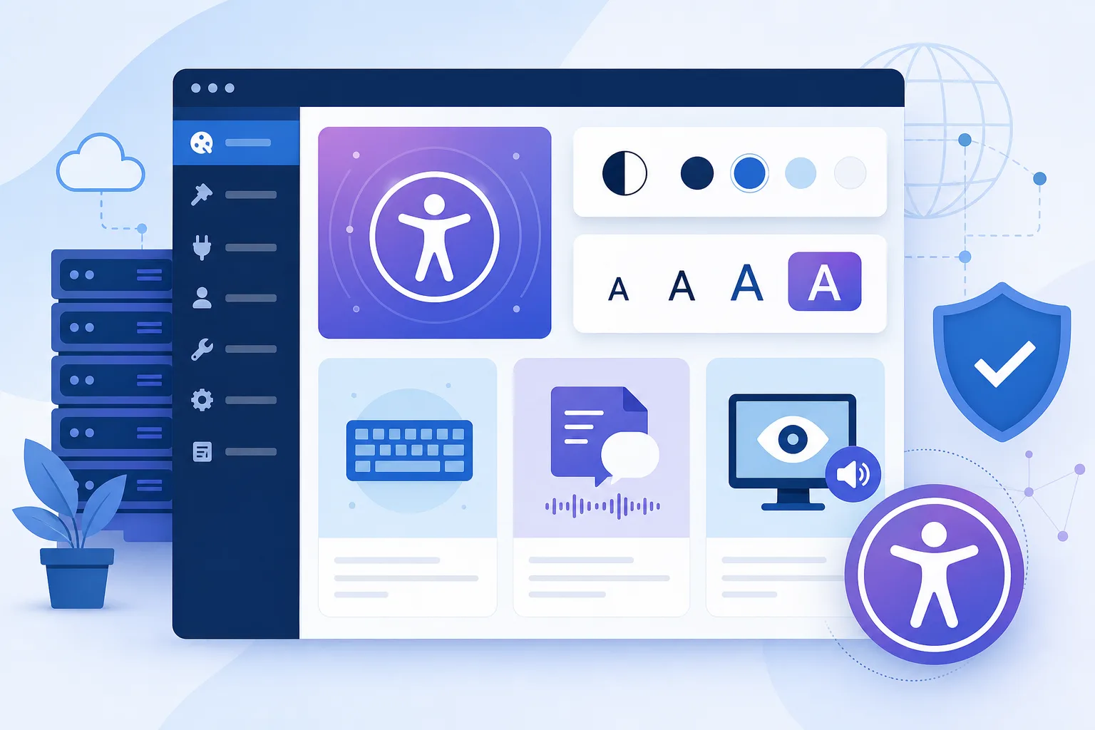 Interface de painel WordPress com opções de acessibilidade, botões de contraste, tamanho de fonte, teclado e leitor de tela em tons azul, branco e roxo