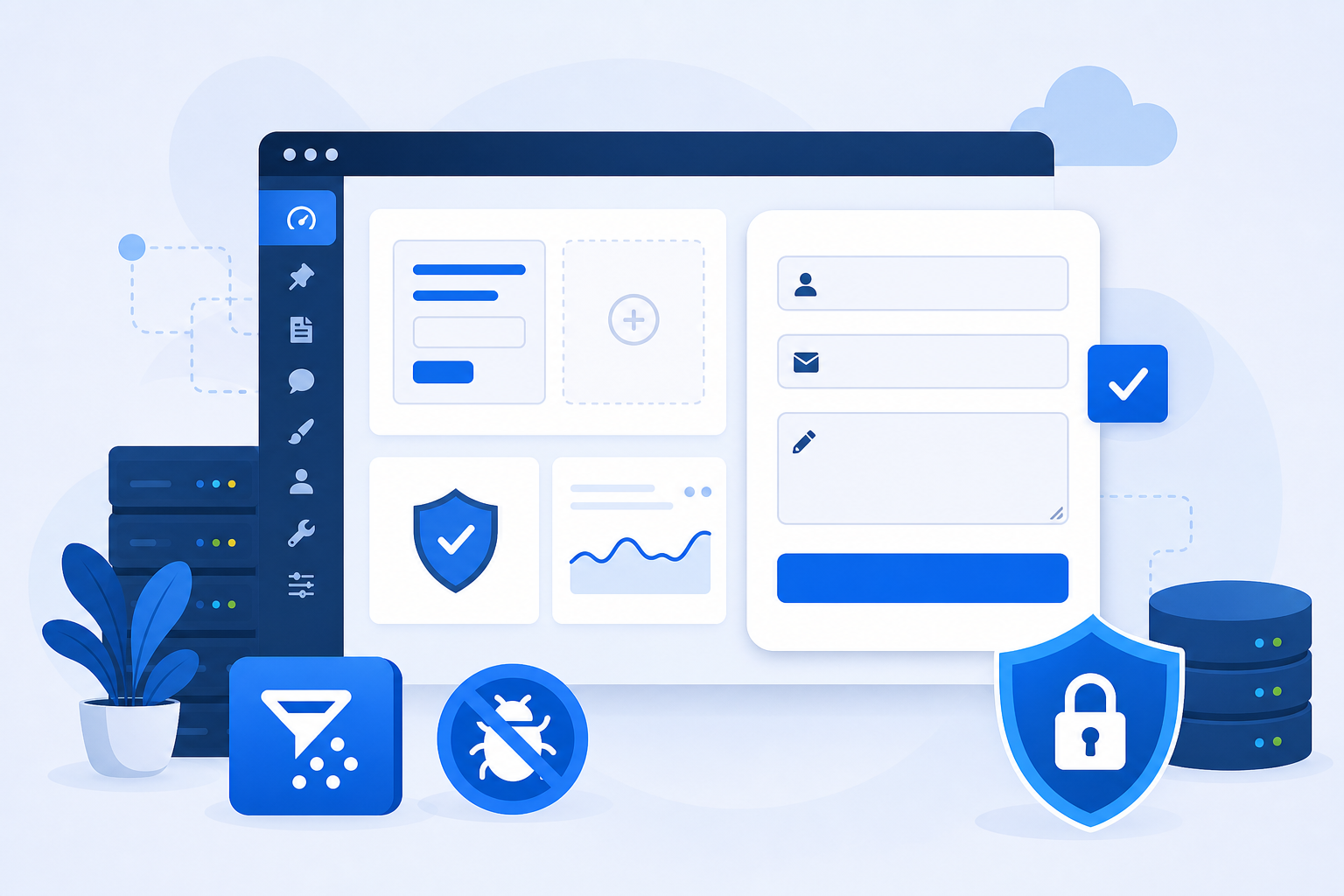 Tela conceitual de um painel WordPress com blocos de formulário de contato, campos de nome, email e mensagem, ícones de proteção contra spam e cores azul e branco em estilo editorial