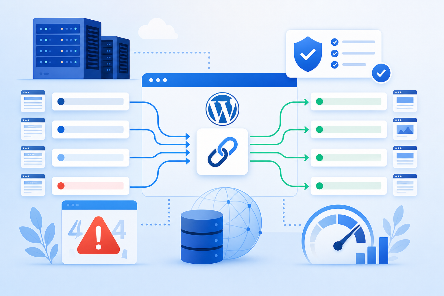 Tela conceitual em tons de azul e branco mostrando URLs antigas e novas conectadas por setas, com ícones de WordPress, alerta 404 e checklist de validação