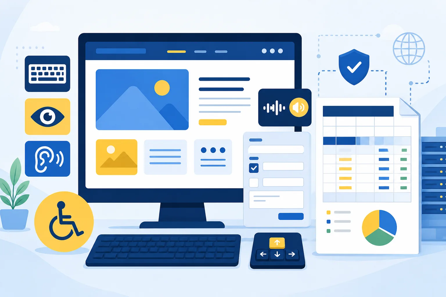 Tela de um site WordPress sendo avaliada com contraste em azul e amarelo, ícones de teclado, leitor de tela, formulário e uma planilha de custos ao lado