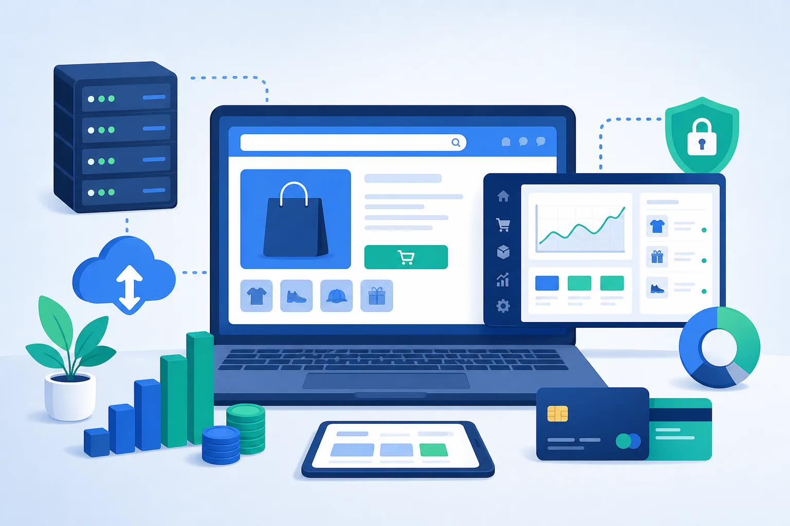 Ilustração de uma loja virtual WordPress em tons de azul e verde, com carrinho de compras, painel WooCommerce, gráficos de custos, servidor em nuvem e cartões de pagamento organizados sobre uma mesa digital