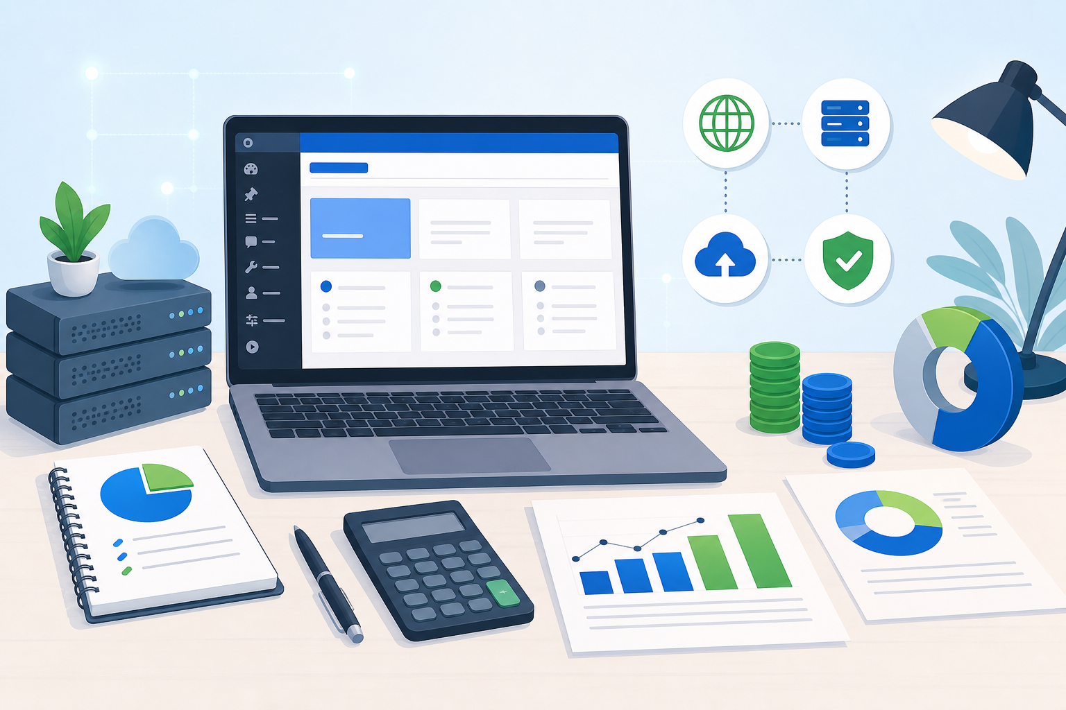 Mesa de planejamento financeiro para site WordPress, com notebook aberto no painel do WordPress, calculadora, gráficos em azul e verde e ícones de domínio, hospedagem, backup e manutenção
