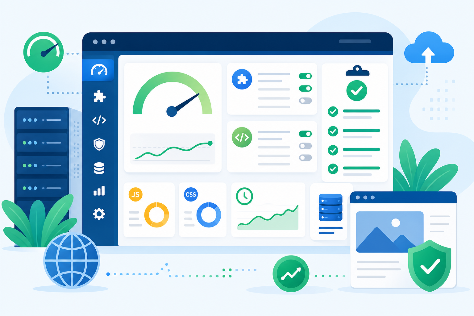 Painel de performance WordPress em tons azul e verde, com cartões mostrando plugins, scripts JavaScript, CSS, tempo de carregamento e uma lista de ajustes antes da publicação