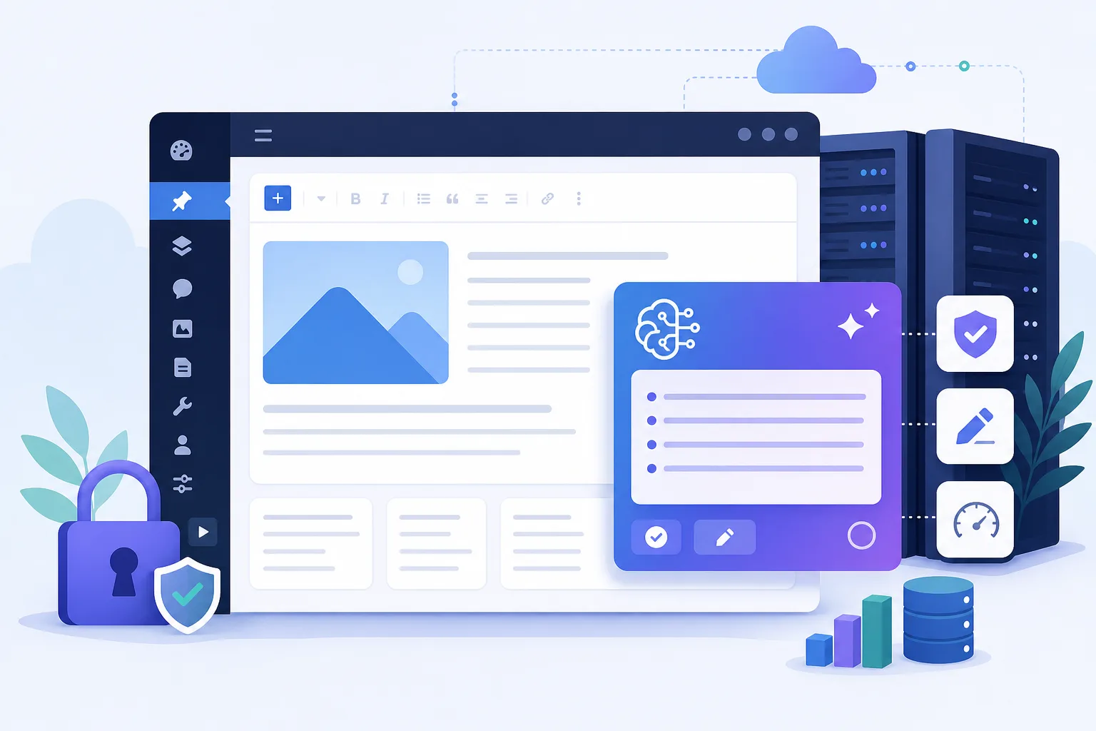Tela conceitual de um painel WordPress com um post aberto, um cartão de resumo gerado por IA em azul e roxo, ícones de revisão editorial, cadeado de segurança e servidor ao fundo