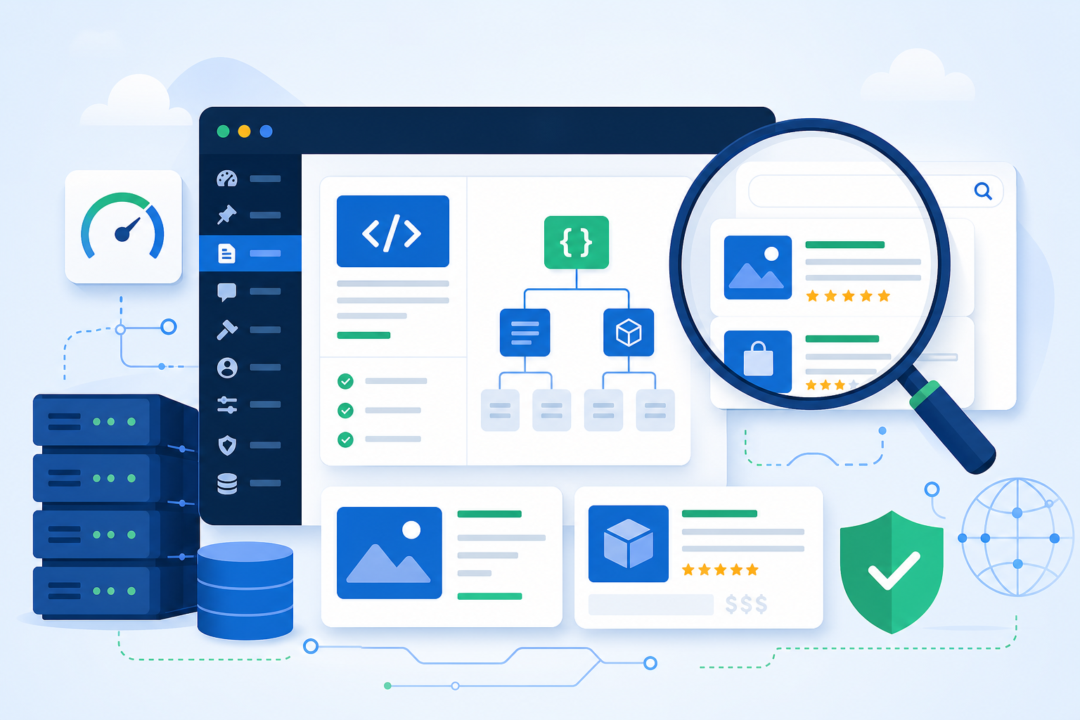 Painel conceitual de SEO no WordPress com blocos de dados estruturados, lupa sobre resultados do Google, cartões de artigo e produto em tons azul, branco e verde