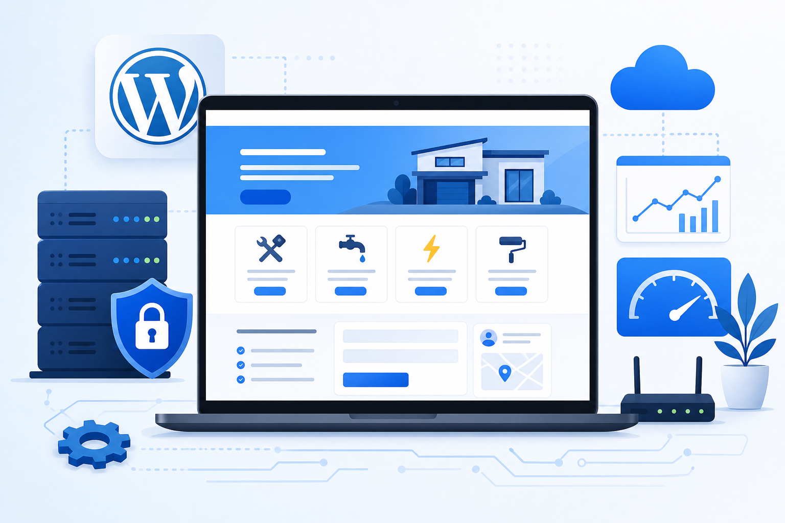 Tela de notebook com um site WordPress de prestador de serviços, cards de serviços, botão de orçamento, formulário de contato e paleta azul com branco em estilo profissional