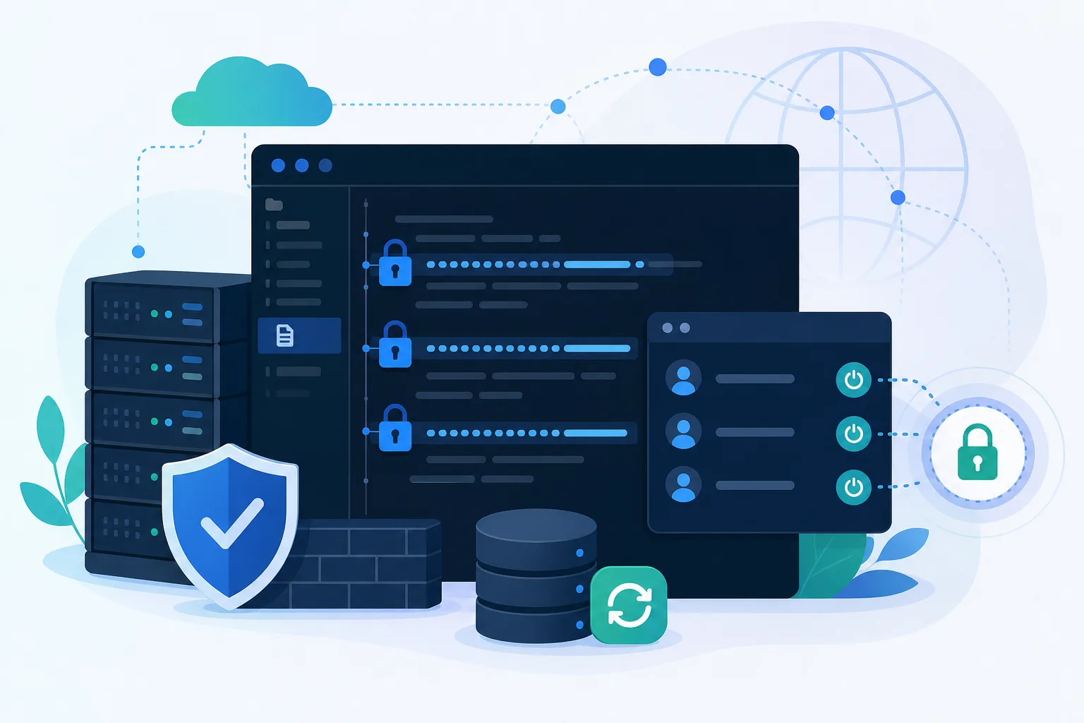 Tela escura com arquivo wp-config.php aberto, linhas de chaves protegidas por cadeados azuis e sessões de usuários sendo encerradas com segurança