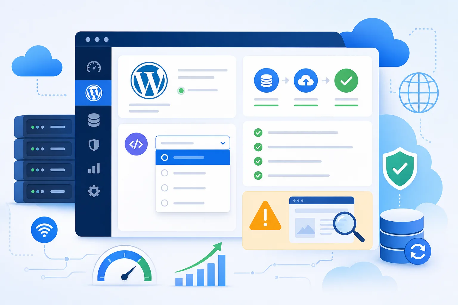 Tela conceitual de painel de hospedagem WordPress na LetsCloud com seletor de versão PHP, checklist de backup, ícones de servidor em nuvem azul e alerta de testes antes da publicação