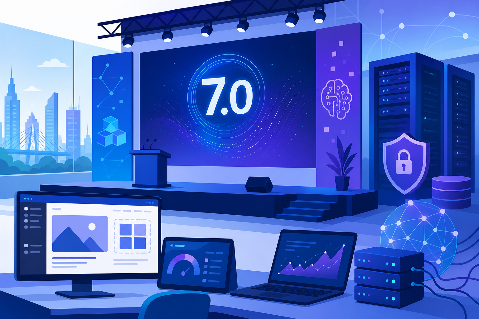 Ilustração editorial em tons de azul e roxo mostrando um palco de conferência WordPress, ícones de IA, blocos de site e uma tela com WordPress 7.0 ao fundo