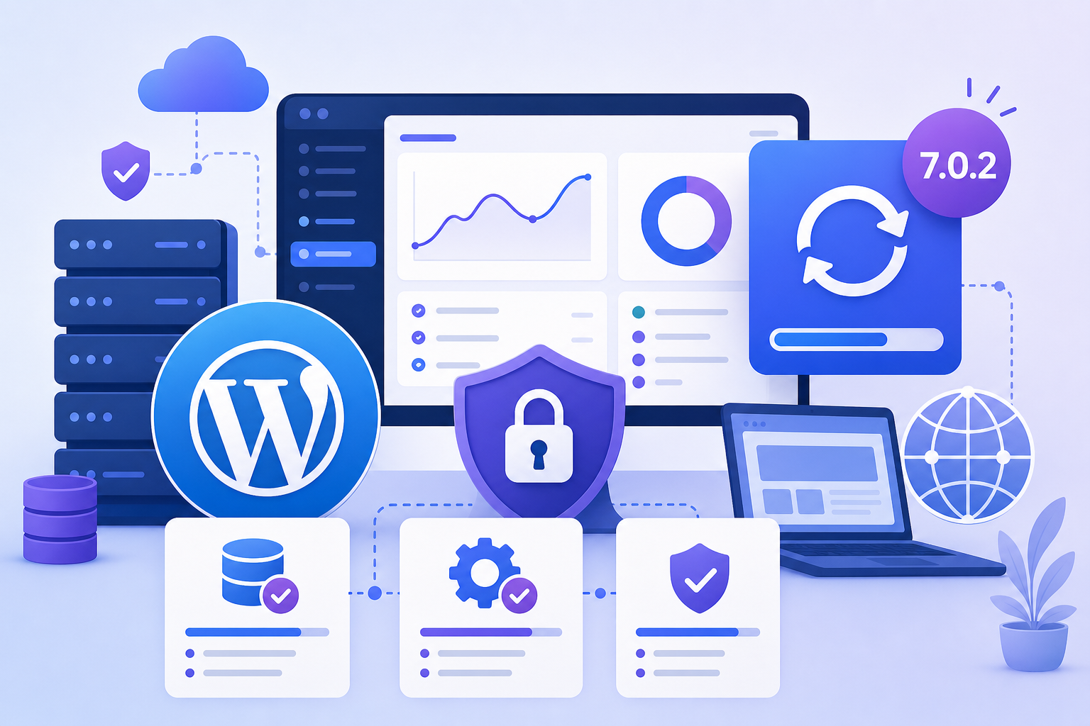 Painel conceitual em tons de azul e roxo mostrando o logotipo do WordPress, um escudo de segurança, aviso de atualização 7.0.2 e cartões de checklist para backup, atualização e validação do site