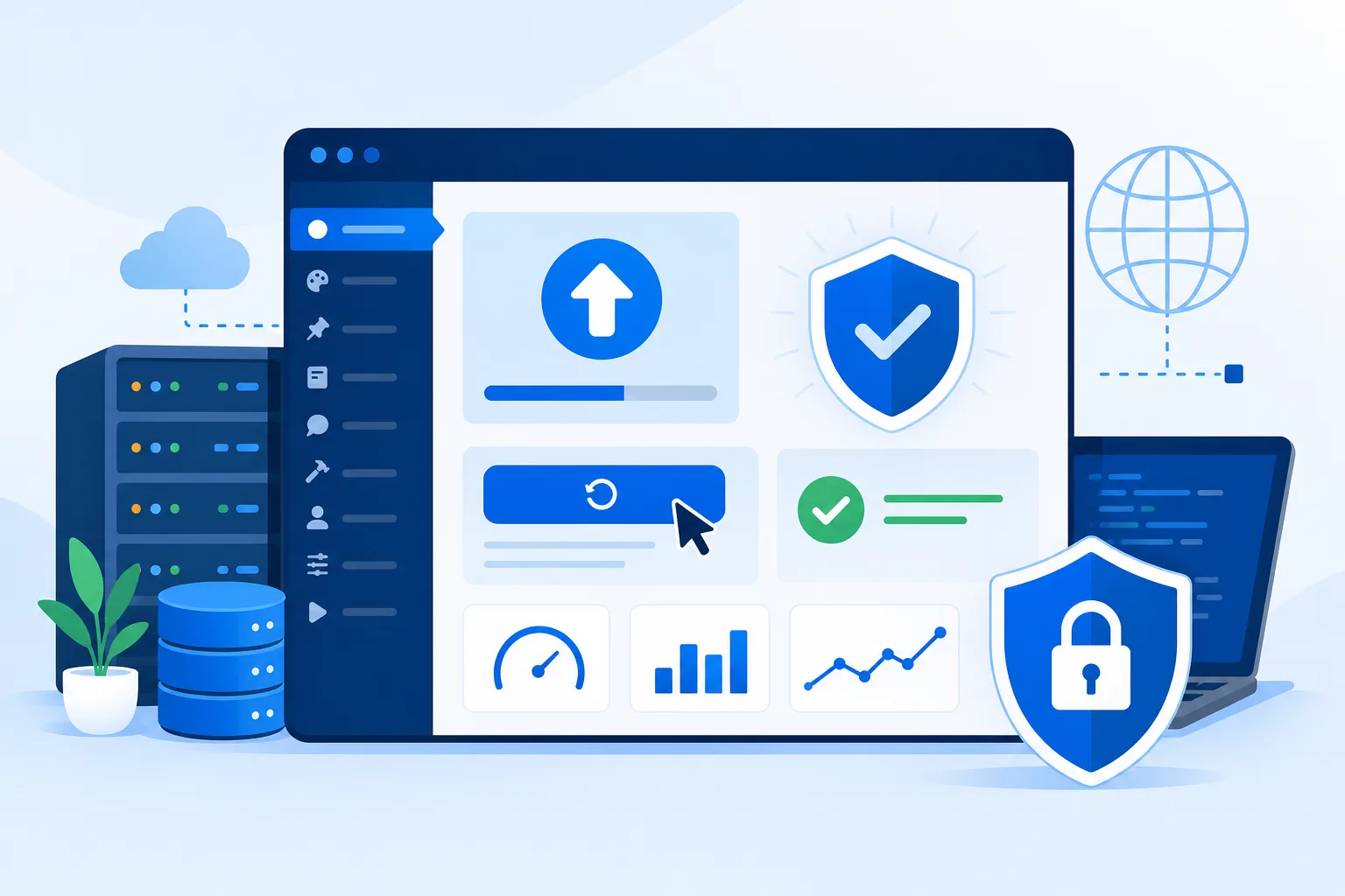 Painel do WordPress em tons de azul exibindo o aviso de atualização para a versão 7.1.2, acompanhado por um escudo de segurança, botão de atualização e indicador de verificação concluída