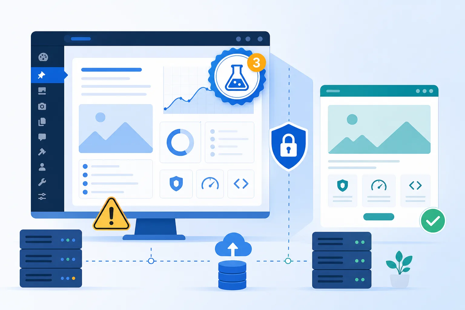 Tela conceitual em tons azul e branco mostrando o painel do WordPress em ambiente de teste, com selo Beta 3, ícones de alerta e uma área separada para site em produção