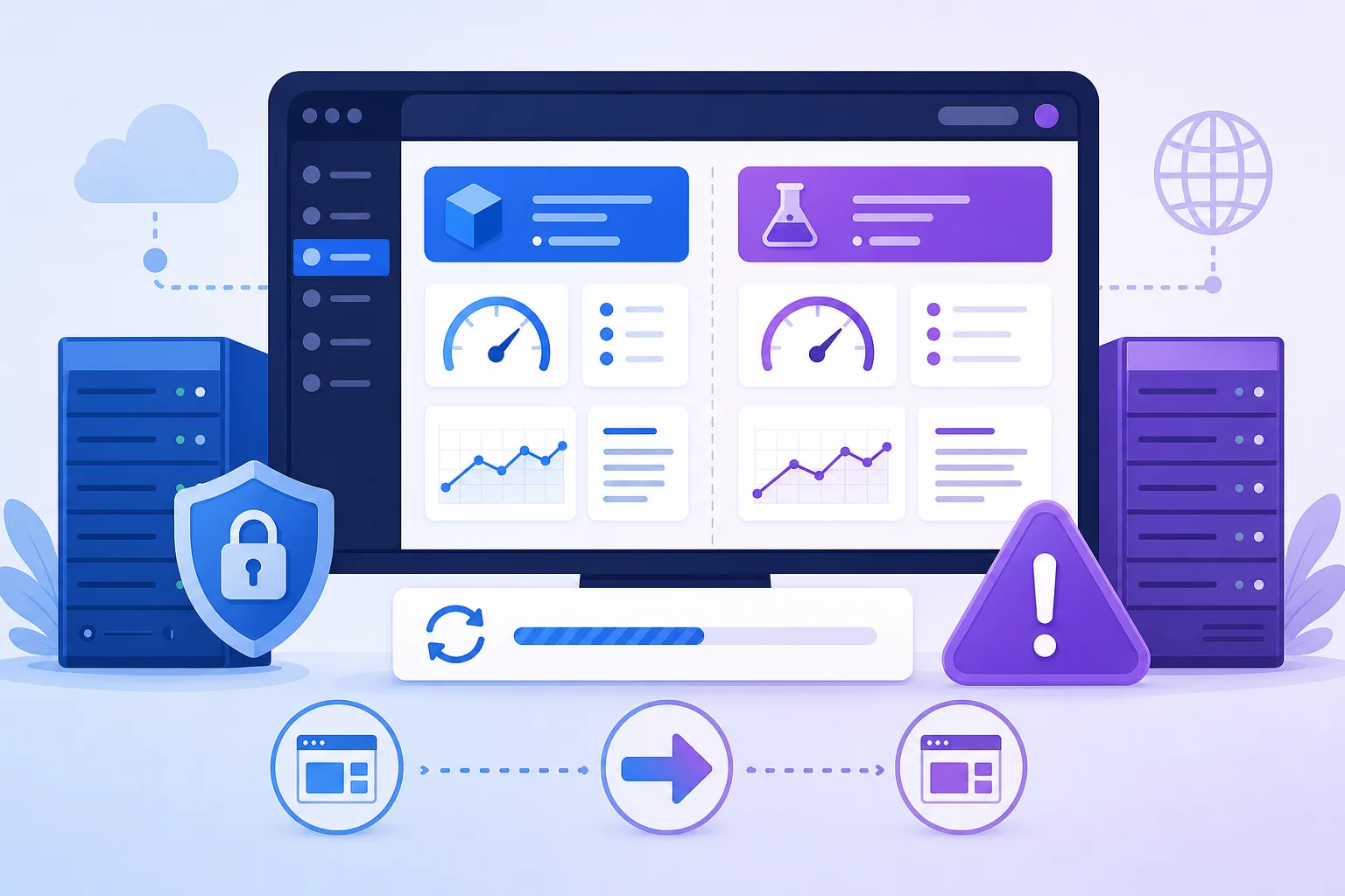 Tela conceitual de um painel WordPress em ambiente de teste, com tons azuis e roxos, ícones de atualização, aviso de versão beta e separação visual entre site de produção e site de desenvolvimento